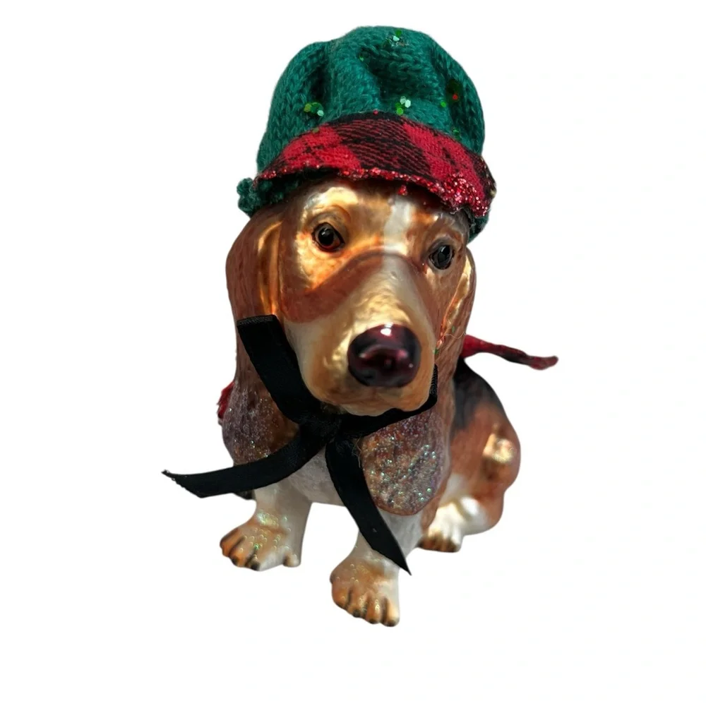 Christmas Ornament Glass Hound Dog Plaid Cape & Green Cotton Hat Festive Dog